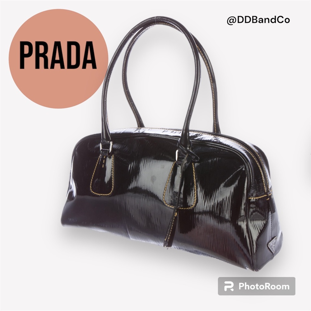 PRADA Vernice Topstitched Handle Bag